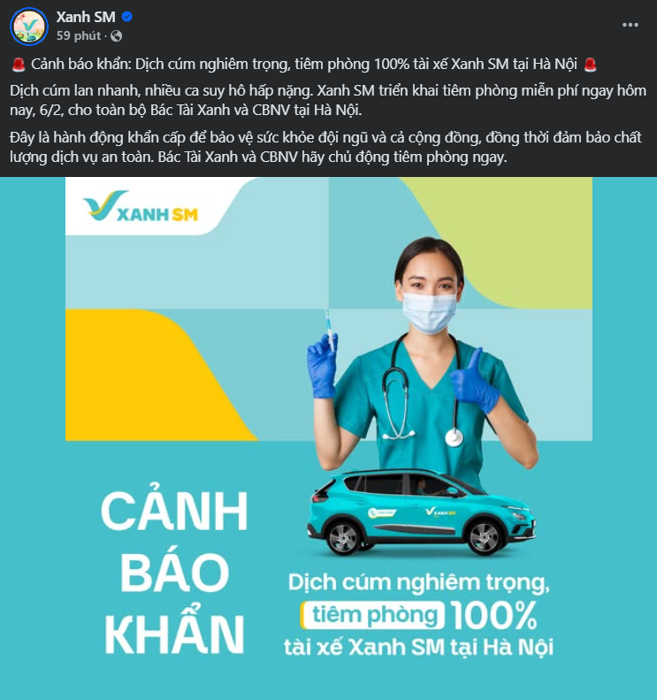 Xanh SM tiêm phòng cúm miễn phí cho toàn bộ tài xế tại Hà Nội