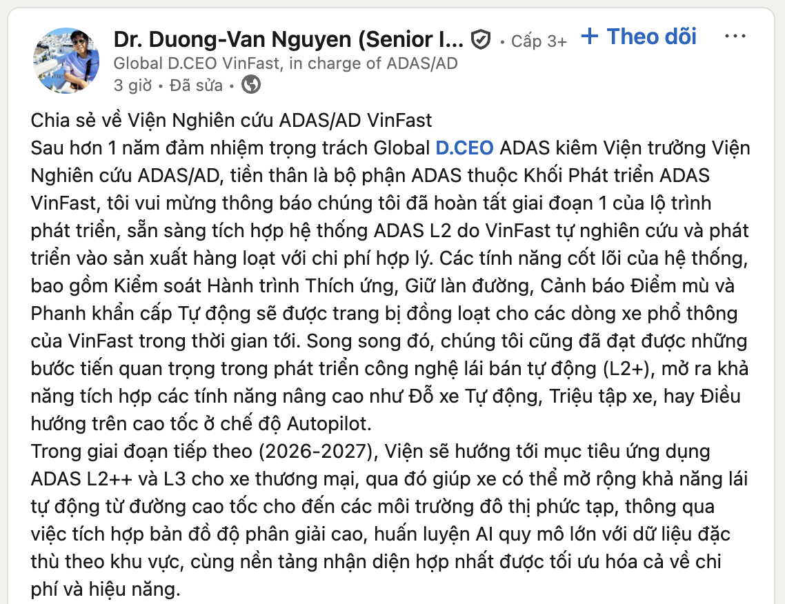 Viện trưởng lần đầu hé lộ dàn nhân sự khủng đứng sau tham vọng xe tự lái của VinFast